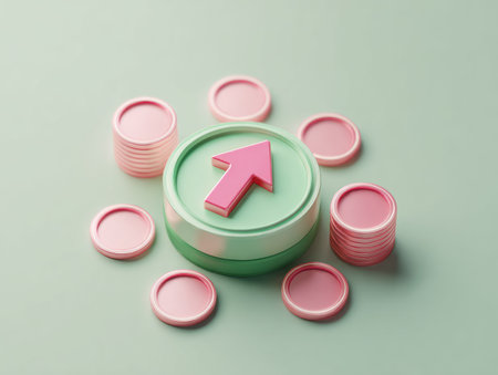 This 3D rendering features a central cylinder with an upward arrow and surrounding pink coins. The composition utilizes pastel colors, specifically pink and green, creating a soft and inviting aesthetic. The objects are set against a plain background, highlighting their forms. This image could be used for various commercial projects.の素材