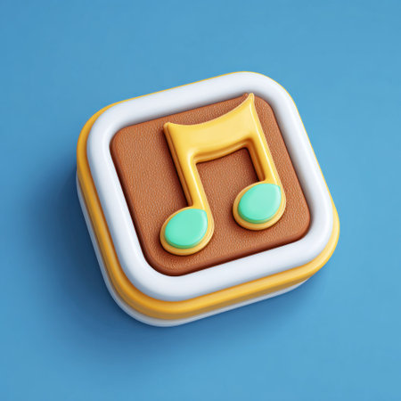 This image features a 3D rendered music app icon. The design showcases a yellow musical note on a brown background, framed by white and yellow borders. The vibrant colors and rounded shapes suggest a modern, playful style. It could be used for various design projects, including web graphics, advertisements, or educational materials.の素材