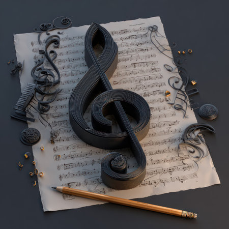 This image showcases a central treble clef, surrounded by musical notes and sheet music. It utilizes a muted color palette, with textures and shading suggesting a studio-lit environment. The arrangement of elements could be suitable for designs related to music education, performance, or artistic projects.の素材