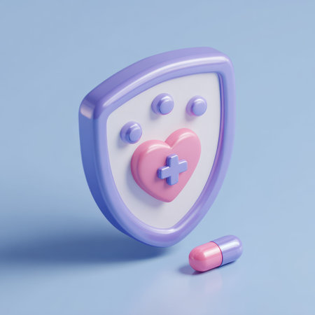 A 3D rendered image displays a shield featuring a heart and cross symbol along with a single pill. The shield and pill are rendered with rounded edges and soft shadows against a solid blue background. The scene's composition suggests themes of healthcare and protection, suitable for various promotional and educational materials.の素材