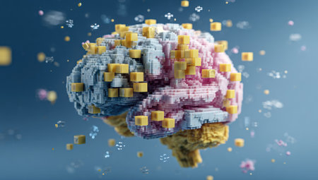 A digital rendering features a brain constructed from colorful cubes against a blue background. The brain exhibits a mix of pastel hues and small yellow cubes are scattered around. The composition uses selective focus, and suggests concepts related to technology, artificial intelligence, and learning. Suitable for various commercial and educational purposes.の素材