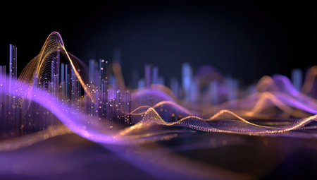 An abstract digital artwork depicts data visualization with flowing waves and city skyline structures. The image showcases vibrant purple and gold hues against a dark backdrop. The composition is likely generated using digital methods for possible use in tech or design content, creating visual interest.の素材