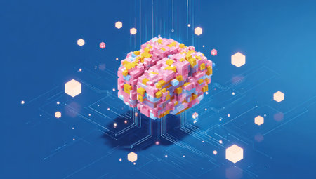 An abstract 3D rendering presents a conceptual digital brain, constructed from colorful blocks. It features a network of connecting lines and hexagonal shapes against a vibrant blue backdrop. The image utilizes digital effects, suitable for technology or innovation-related projects. It is appropriate for commercial and illustrative purposes.の素材