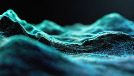 An abstract digital landscape displays rolling, undulating formations in shades of blue and teal. The scene is illuminated with a soft, diffused light, suggesting a virtual or simulated environment. The composition is close-up, emphasizing textures and the interplay of light and shadow, suitable for various digital design applications and artistic projects.の素材