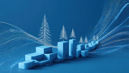 This image features a collection of stylized Christmas trees set upon ascending blue platforms. The composition uses a cool color palette with various shades of blue creating depth and a modern aesthetic. Suitable for commercial projects or editorial content relating to business growth and holiday themes.の素材