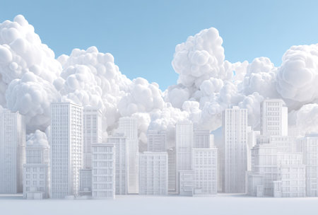 An abstract cityscape is rendered in a soft, bright white against a backdrop of voluminous, fluffy clouds. The image features a clear, light blue sky providing a serene environment. This creative visual has potential uses for design, marketing materials, and conceptual illustrations.の素材