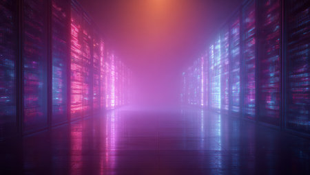 An abstract rendering presents a futuristic corridor with glowing architectural elements. The scene features a palette of pink, purple, and blue hues, creating a visually striking display. The design showcases reflective surfaces and diffuse lighting, conveying a sense of depth and mystery. This image is suitable for digital art, design projects, and visual concepts.の素材