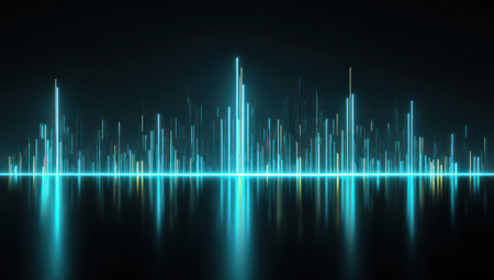 A digital graphic depicts an audio wave pulsating with vibrant blue lines. The composition features a symmetrical arrangement, with a reflective surface adding depth. The style is modern, with a dark background creating contrast. It could be used for technology, design, or multimedia projects.の素材