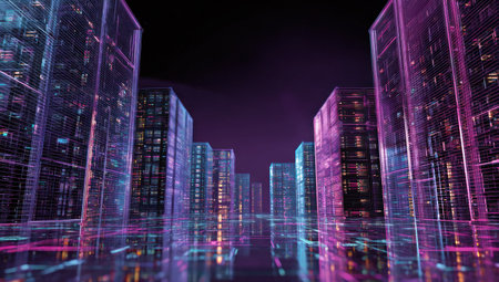 An artistic depiction presents a futuristic cityscape with transparent buildings illuminated by vibrant purple and blue lights. The scene utilizes reflections, creating a surreal environment. Its modern style and visual appeal suggest potential uses for technology, design, or conceptual themes in commercial projects.の素材