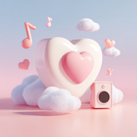 This 3D rendering presents a heart-shaped object surrounded by clouds, musical notes, and a small speaker. The composition employs a pastel color palette of pink and blue. The visual style is clean and modern, suitable for various applications, including advertising and digital media.の素材