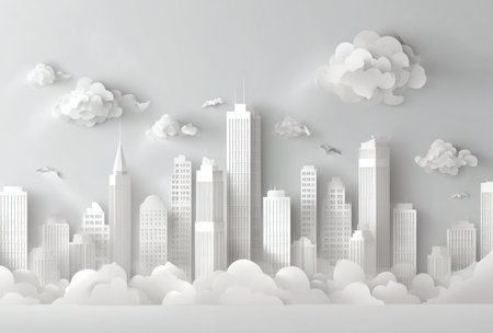 This image presents a white cityscape constructed from paper. Buildings of varying heights stand amongst fluffy paper clouds. The scene is illuminated with soft lighting, suggesting a daytime setting. This illustration could be used in design projects, advertising, or presentations relating to urban planning or creative concepts.の素材