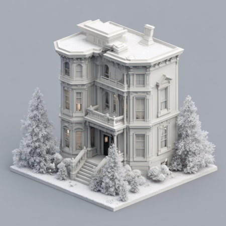 This image features a detailed architectural rendering of a multi-story residential building. The building is depicted in a monochromatic color scheme, showcasing intricate architectural details. The scene includes evergreen trees and a snow-covered landscape, suggesting a winter setting. The image is suitable for various commercial uses, including illustrations and design projects.の素材