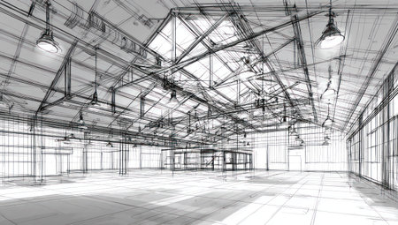 This architectural sketch depicts the interior of a large industrial building. Rendered in grayscale, the image showcases the structure's framework, rooflines, and overhead lighting fixtures. The composition features a perspective view, highlighting the building's spaciousness and design. Suitable for architectural, construction, or design-related projects.の素材