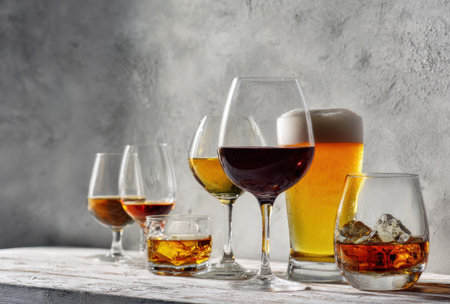 Various alcoholic beverages are presented in diverse glassware against a textured background. The composition highlights the amber and red hues of the drinks, enhanced by ambient lighting. Suitable for advertising, editorial content, and culinary themed projects, this image showcases a selection of beverages.の素材