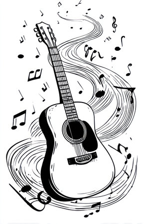 This black and white illustration depicts an acoustic guitar surrounded by musical notes. The artwork features flowing lines and a stylized composition. It showcases contrasting light and shadow, suggesting a dynamic presentation. Suitable for various design applications including music-related projects, editorial content, and commercial uses.の素材