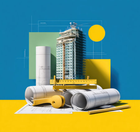 The image features a building under construction, accompanied by architectural plans and tools. The composition includes blueprints and measuring instruments. The color palette incorporates vibrant blues and yellows, creating a visually striking aesthetic. It could be used for various projects in design, construction, or editorial content.の素材