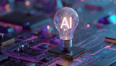 An illuminated lightbulb displaying the letters AI hovers over a detailed circuit board. The image features a vibrant color palette of purples and blues, with a shallow depth of field. The style is conceptual and futuristic, suggesting technology and innovation. This image is suitable for use in articles, presentations, or advertisements.の素材