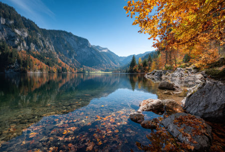 A scenic view captures a tranquil lake surrounded by towering mountains and vibrant autumn foliage. The composition showcases the reflection of the landscape in the calm water. Warm colors of gold and orange contrast with the cool blues, creating a visually rich scene suitable for various nature-themed projects or editorial content.の素材