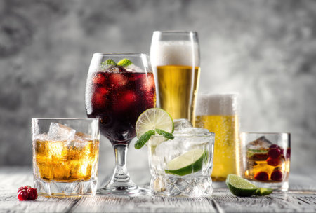An image showcases diverse alcoholic drinks in multiple glasses. The composition features drinks with ice cubes, slices of citrus, and berries. The lighting appears soft, with a background of gray shades. Suitable for commercial purposes, the image may find applications in editorial content or advertising campaigns.の素材