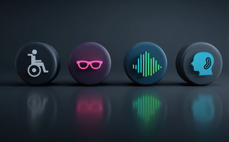 Four illuminated accessibility icons are arranged in a row, each enclosed in a dark, circular button. The image uses a low-key lighting scheme, with reflected highlights. It is a visually modern and clean presentation, suitable for a range of informational or commercial applications. The graphic can be used for design.の素材