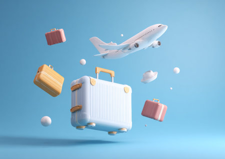 This conceptual illustration features a floating suitcase with an airplane soaring above. The image displays a bright, minimalist style with soft colors and smooth textures against a blue backdrop. It could be used for promoting travel, tourism, or related business concepts. The composition is clean and modern, suitable for various commercial applications.の素材
