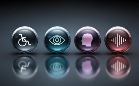 Four illuminated spheres display symbols representing accessibility. Each orb reflects light and casts a shadow, with icons signifying mobility, vision, and auditory senses. The gradient background provides depth, while the overall design lends itself to a variety of informational or illustrative applications.の素材