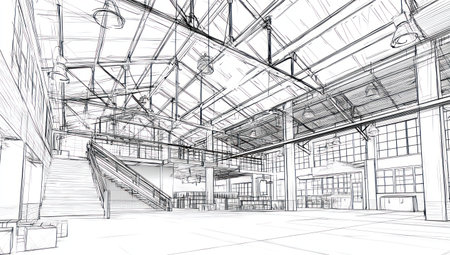 An architectural sketch captures a spacious industrial interior, featuring a network of metal beams supporting a high ceiling. The monochromatic composition highlights the structure, with long shadows adding depth. Suitable for presentations or illustrating concepts related to design, construction, and engineering. The lighting and composition creates a modern and minimalist aesthetic.の素材