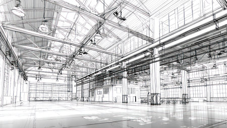An interior architectural sketch presents a spacious industrial warehouse. The image depicts a vast interior with high ceilings and structural framework in a monochrome style. Overhead lighting illuminates the space. Suitable for various design, construction, and commercial applications, this image offers a clean and versatile representation of a warehouse environment.の素材