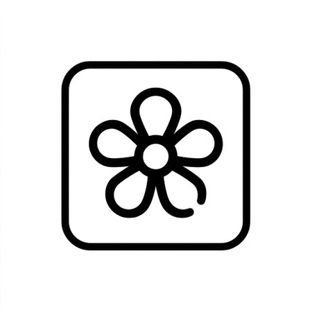 A simple black flower icon is presented inside a square frame. The image displays a minimalist style with clean lines and high contrast. Its design is suitable for various commercial purposes, including graphic design, illustration, and visual communication materials. The composition provides clear, easily recognizable imagery.の素材