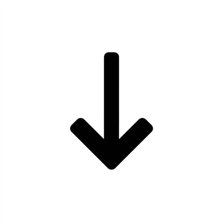 A simple graphic depicts a black arrow pointing downwards against a white backdrop. The design employs a minimalist aesthetic. This image is suitable for illustrating guidance, or instructions. It is adaptable for use in various visual communications such as websites and presentations.の素材