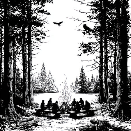 A group of people are gathered around a campfire in a forest setting. The black and white illustration emphasizes silhouettes against a bright background. Trees surround a lake, and two birds are visible in the sky. This image may be suitable for editorial content, websites, or various design projects.の素材