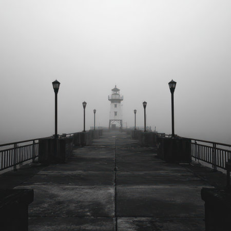 A grayscale image displays a lighthouse at the end of a pier enveloped in dense fog. The composition features a symmetrical arrangement of lampposts lining the walkway. The scene presents a moody atmosphere, suggesting an overcast day with the possibility of commercial applications or editorial uses.の素材