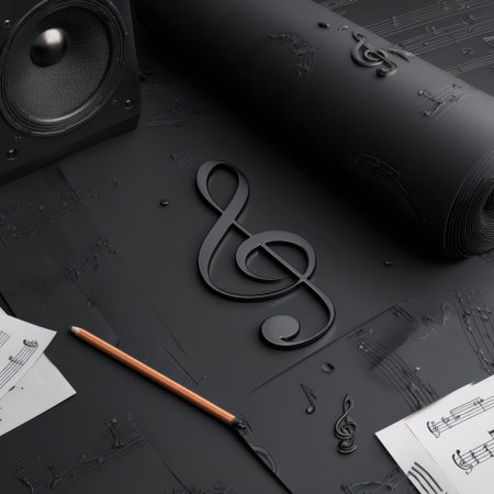 This image presents various musical elements rendered in a monochromatic palette. A prominent treble clef sits alongside other music symbols. Additional features include a speaker and a rolled object. The scene is illuminated by soft lighting. It could be suited for commercial projects or editorial content related to music production or audio.の素材