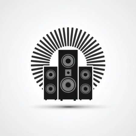This image features a black loudspeaker icon with sound waves emanating from behind. The style is flat and vector-based. The composition is centered against a white background. Potential uses include designs related to music, audio, or sound system themes. It could be suited for a variety of commercial applications.の素材