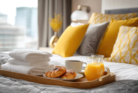 A close-up captures a breakfast tray featuring orange juice, pastries, and a cup of coffee. Stacked white towels and decorative pillows add to the scene. The image displays natural light, soft textures, and vibrant colors suggesting a hotel setting. Suitable for use in hospitality marketing and editorial content.の素材