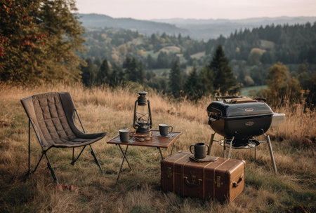 An outdoor scene depicts camping equipment including a chair, table, grill, and lantern. The items are situated in a grassy area with a mountain backdrop. The image features a natural color palette, with soft lighting and a focus on detail. This scene is suitable for various commercial uses, illustrating themes such as adventure or leisure.の素材