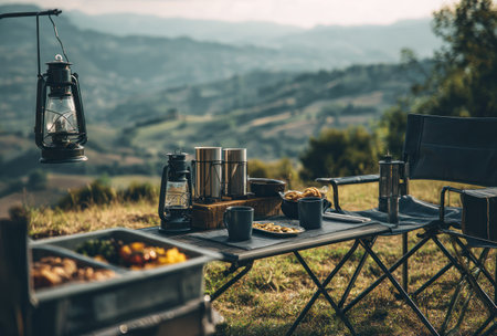 An outdoor camping scene showcases a table setting with food, drinks, and a lantern. The composition features a neutral color palette with hints of silver, and textures. The scene is illuminated by daylight, suggesting an outdoor setting. This image may be suitable for editorial and commercial purposes.の素材