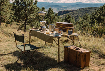 An outdoor camping scene showcases a table setting with various items, including containers, cups, and food. The composition features a neutral-toned table cloth and wooden objects, while the surroundings display a natural terrain. This image is suitable for commercial uses, as well as editorial content.の素材