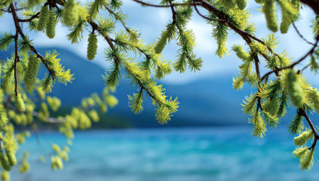 An image showcases a tree branch with vibrant green foliage, set against a backdrop of blue water and distant mountains. The composition features a natural aesthetic with soft lighting, suggesting an outdoor environment. Suitable for a variety of commercial and editorial applications, this image offers copy space for diverse design uses.の素材