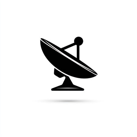 This image features a black satellite dish icon against a white backdrop. The silhouette style emphasizes the object's form. The composition is simple, with the dish centered. Its design suggests technological themes. This illustration can be utilized in various commercial projects, including web design and print materials.の素材