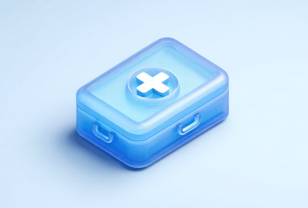 A close-up studio shot presents a translucent blue first aid kit with a white cross emblem. The composition features a clean, simple design with soft lighting. The image suggests a medical or healthcare theme, suitable for various editorial and commercial applications. The object is isolated on a light blue backdrop.の素材