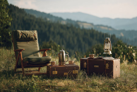 An outdoor camping scene presents a vintage chair, suitcase, and lantern with a coffee set. The muted tones and soft lighting suggest a relaxed atmosphere, potentially during the day. The composition features a natural environment with a mountain range backdrop, suitable for illustrating leisure and travel concepts, or editorial use.の素材