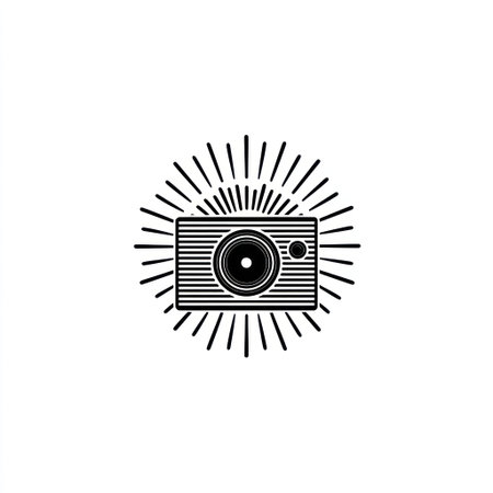 An illustrated emblem features a camera design with a sunburst radiating outwards. The black and white graphic has clean lines and a simple style. The composition is centered on a white background. This image could be suitable for use in design projects or commercial applications.の素材
