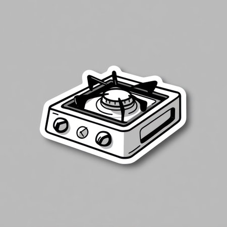 This black and white illustration depicts a compact kitchen stove with a white border and soft shadow. The design features a burner, control knobs, and a simple, geometric aesthetic. The image could be suitable for various uses, including culinary guides, educational materials, or commercial design projects.の素材