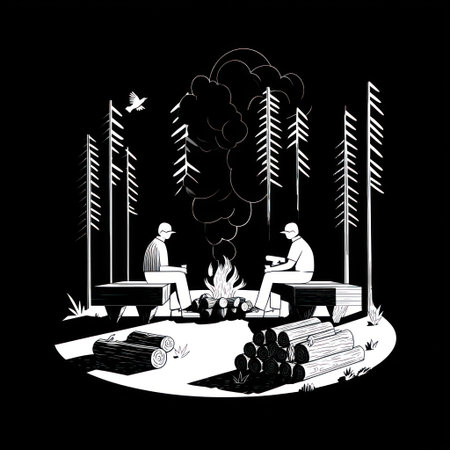 Two individuals sit near a campfire within a minimalist black and white forest illustration. The artwork depicts a cozy scene with stylized trees and a small bird. The image uses contrasting light and shadow, suggesting a nighttime setting. This illustration may be suitable for editorial and commercial applications.の素材