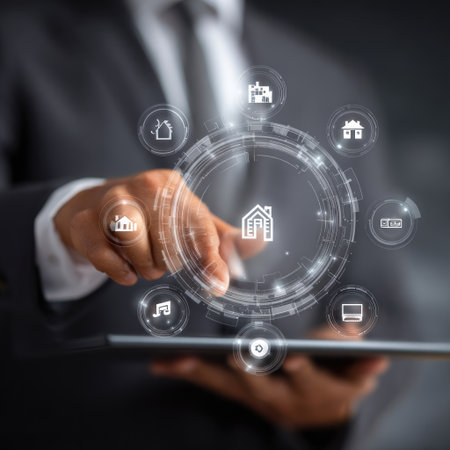A person in a business suit interacts with a digital smart home interface displayed on a tablet. The image features a circular array of icons with a central home icon. The composition uses a shallow depth of field, with soft lighting and a focus on technology. It could be used in articles related to technology or modern living.の素材