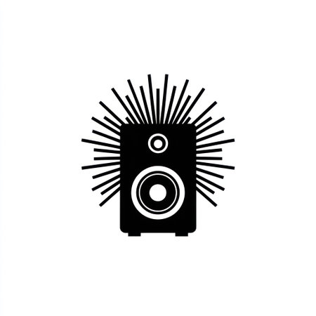 A black speaker illustration is centered on a white background, featuring radiating lines suggesting sound. The design employs a minimalist style with a focus on geometric shapes. This graphic may be suitable for music-related projects, presentations, or various design applications. It offers copy space and a vector format.の素材