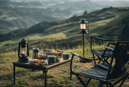 An outdoor camping scene showcases a table setting with lanterns, chairs, and food. The composition features a wooden table, chairs, and a background of lush mountain hills. Warm lighting from the lanterns creates an inviting atmosphere. This image could be suitable for promotional material or editorial use related to leisure and outdoor activities.の素材