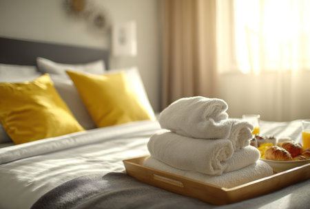 A close-up view displays a wooden tray with rolled white towels and breakfast items on a bed. The composition highlights soft bedding, yellow pillows, and a window with sunlight. The scene suggests a hotel room setting, suitable for promotional materials or editorial content related to hospitality.の素材