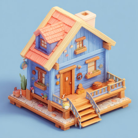 This colorful illustration shows a charming cartoon cottage featuring blue walls, an orange roof, and a wooden porch. The composition has a low angle view. It is set against a pale blue backdrop, implying a clear sky. This image can be used for various purposes like design, advertising, and marketing materials.の素材